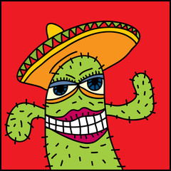 Vector flat hand drawn cartoon mexican cactus