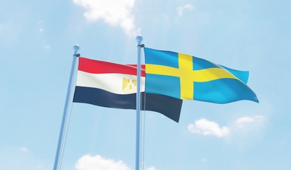 Sweden and Egypt, two flags waving against blue sky. 3d image