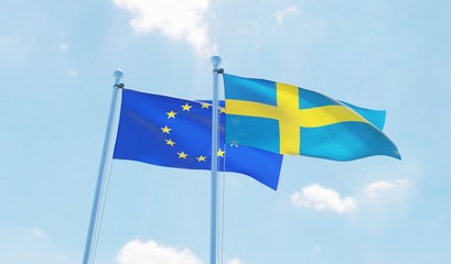 Sweden and European Union, two flags waving against blue sky. 3d image