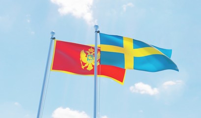 Sweden and Montenegro, two flags waving against blue sky. 3d image