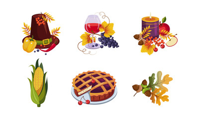 Collection of Thanksgiving day holiday traditional elements, autumn symbols, vector Illustration