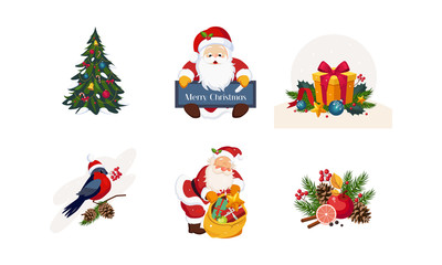 Collection of Christmas objects, New Year holiday decoration elements vector Illustration