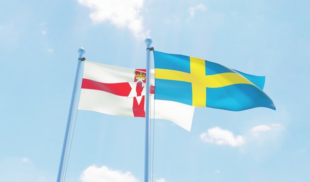 Sweden and Northern Ireland, two flags waving against blue sky. 3d image