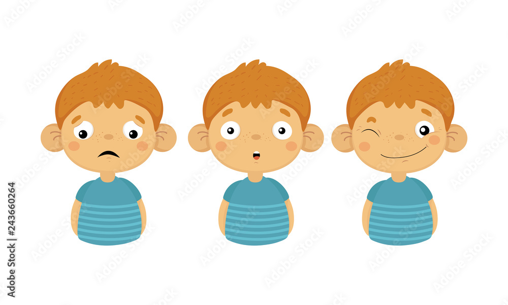 Wall mural flat vector set of boy character showing different emotions. upset, surprised and smiling face with 