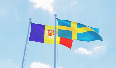 Sweden and Andorra, two flags waving against blue sky. 3d image