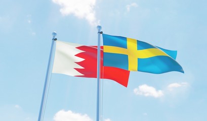 Sweden and Bahrain, two flags waving against blue sky. 3d image