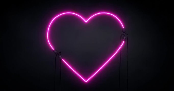 neon violet light heart shape revelation on dark background, love and romance 4k footage sign invitation