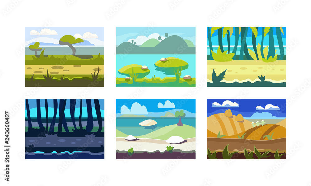 Aufkleber flat vector set of seamless horizontal backgrounds for mobile or computer game. colorful natural lan