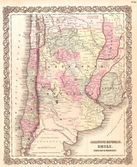 Fototapeta na wymiar 1855, Colton Map of Argentina, Chile, Paraguay and Uruguay