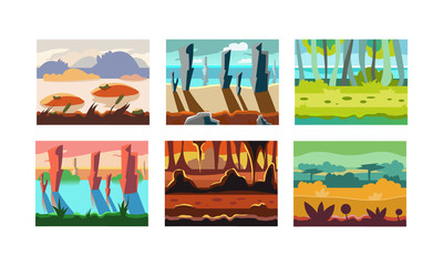 Flat vector set of seamless backgrounds for mobile game. Landscapes with mountains, wild forests, cliffs and rivers