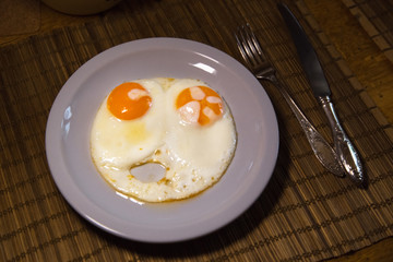 Two fried eggs on plate. Healthy breakfast.
