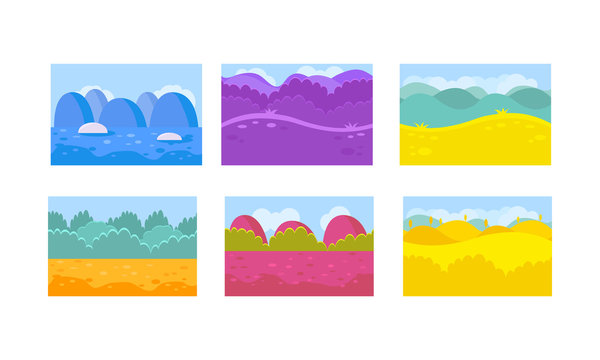 Flat vector set of 6 seamless backgrounds for mobile game. Landscapes with abstract forests, hills and blue glaciers
