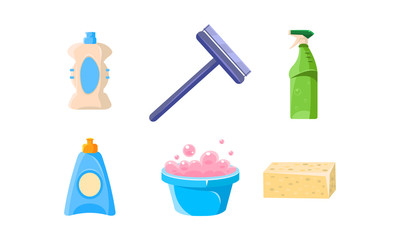 Household cleaning supplies set, basin, sprayer, squeegee, sponge, bottles of cleaning products vector Illustration