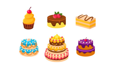 Collection of cakes set, confection desserts, piece of various delicious cakes vector Illustration