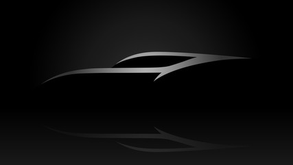 Sleek sportscar vehicle silhouette logo on black background. Vector illustration.