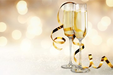 Full glasses of champagne close up.