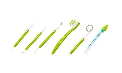 Dentist tools set, tooth healthcare equipment, toothbrush,syringe, scraper, vector Illustration