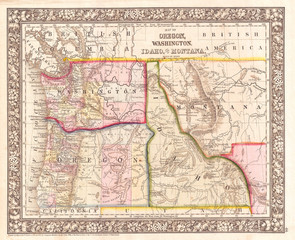 Fototapeta na wymiar 1866, Mitchell Map of Washington, Oregon, Idaho and Montana