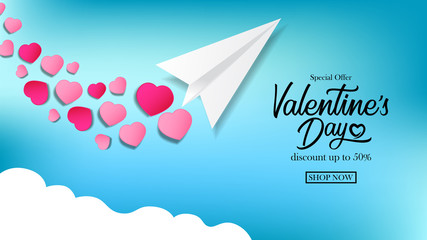 paper plane fly on the sky of love romantic relationship for valentine's day sale offer discount banner template