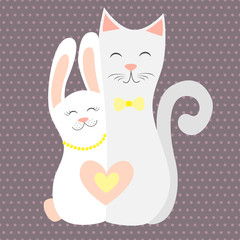 Love cat and bunny Vector illustration 