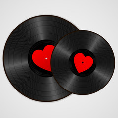 Two Realistic Black Vinyl Records with red heart labels. Retro Sound Carriers isolated on white background - 243662010