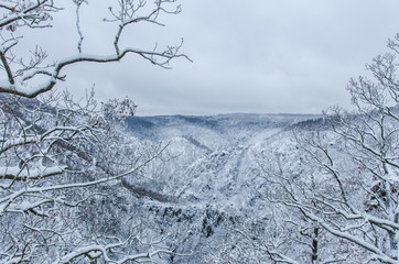 picturesque view of the Bode valley in the Harz mountains during wonderful snowy winter