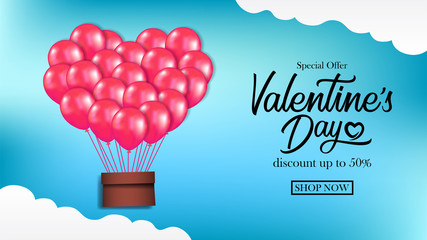 Valentine's day sale offer discount template with 3D flying balloons on the sky. Vector illustration.