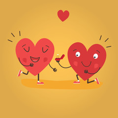 Two happy hearts, proposes a woman to marry. Cute couple in love. Happy Valentine s day vector card - Vector