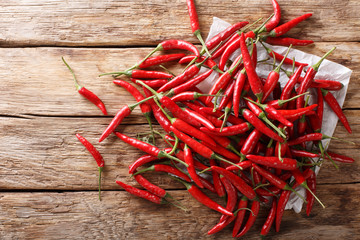 Crop of fresh hot chili piri-piri close-up on wooden. horizontal top view