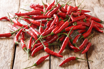 Crop of fresh hot chili piri-piri close-up on wooden. horizontal