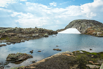 Fototapeta na wymiar Mountains pond with smelting glacier