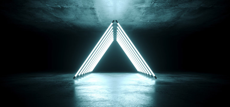 Modern Futuristic Neon Glowing Triangle Shaped White Ice Blue Ultraviolet Disco Tube Light Tubes Retro Style On Grunge Reflective Concrete Empty Dark 3D Rendering