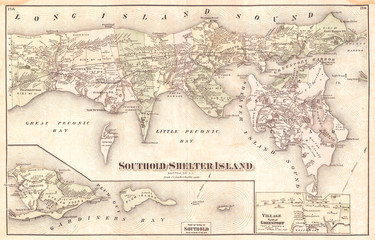 Fototapeta na wymiar 1873, Beers Map of Southold and Shelter Island, Long Island, New York