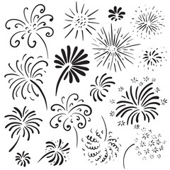 Collection of hand drawn fireworks. Monochrome vector illustration