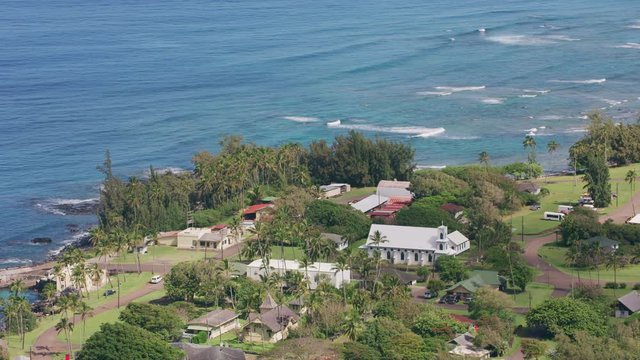Molokai, Hawaii circa-2018.  Aerial view of Kalaupapa on Molokai.  Shot with Cineflex and RED Epic-W Helium. 