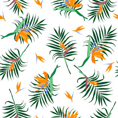 Jungle tropical seamless pattern. Hand-drawn green palm leaves and flowers of Strelitzia reginae. Template for design, postcards, print, poster, party, template, summer background, textile. Vector.