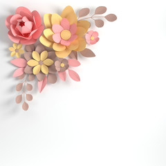 Paper pastel colored flowers on white background. Valentine's day, Easter, Mother's day, wedding greeting card. 3d render digital spring or summer illustration in paper art style.