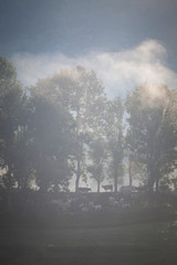 foggy summer landscape in the mountains, Salciua, Romania