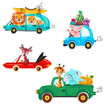 Set of kids transport with lion, boat, canoe, giraffe, elephant, deer, watermelon and gifts. Cute animals ride on the car.  Vector illustration isolated on white background