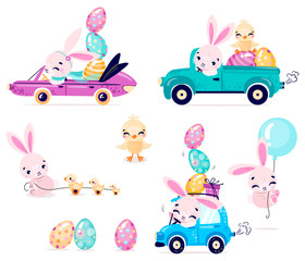 Set of cute Easter rabbits with Easter eggs and chicken. Transport with Easter bunny. Collection of Easter bunny isolated on white background. Vector illustration