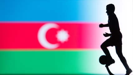 Fototapeta na wymiar Azerbaijan National Flag. Football, Soccer player Silhouette