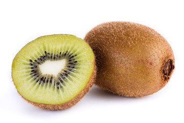 Kiwi fruit whole and half on white background.