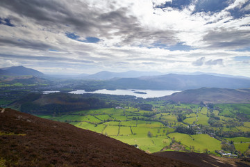 Keswick and Derwent Water from the summit of Barrow in the English Lake District