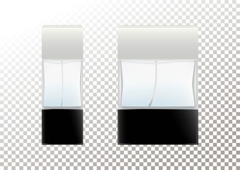 Vector realistic bottles for cosmetic products, perfume, toilet water.Transparent flacon with a black lid. Isolated object on a transparent background.