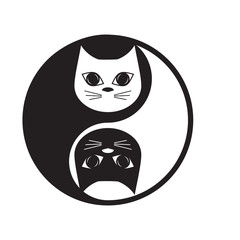 The vector illustration is a lot of white and black cats. Figure yin Yan with nice attractive faces of animal white and black cats. Flat design. Monochrome.