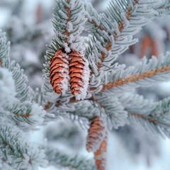 Pine branch with cones covered with snow and frost.