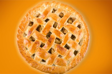 Delicious baked pie, top view on white background