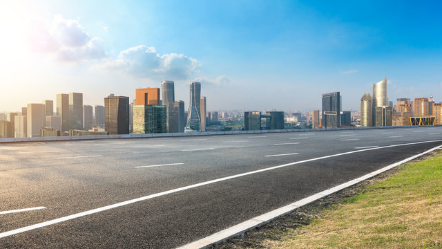 Empty Asphalt Road And City Skyline In Hangzhou,high Angle View