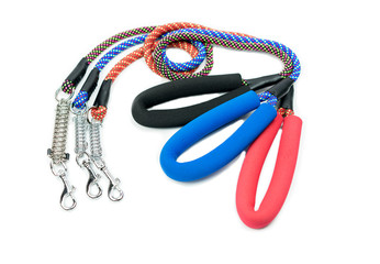 Pet leashes with hook on isolated white background.  Pet supplies concept