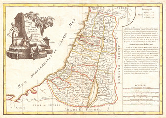 Fototapeta na wymiar 1770, Bonne Map of Israel showing the Twelve Tribes, Rigobert Bonne 1727 – 1794, one of the most important cartographers of the late 18th century